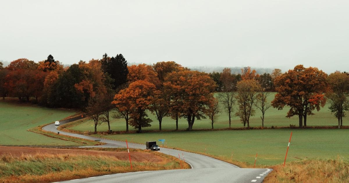 A car driving on a paved road through open Swedish countryside, bordered by fields and trees.